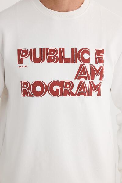 Tudors Unisex Oversize Φαρδιά Βαμβακερή Μαλακή Υφή Εμπριμέ Λευκό Φούτερ με Fleece Εσωτερικά