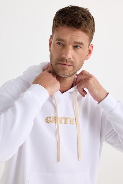 Tudors Men's Oversize Wide Cut Cotton Printed White Hooded Sweatshirt