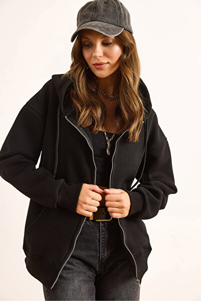 Olalook Kadın Siyah Kapüşonlu Fermuarlı Oversize Şardonlu Sweatshirt SWT-19000718