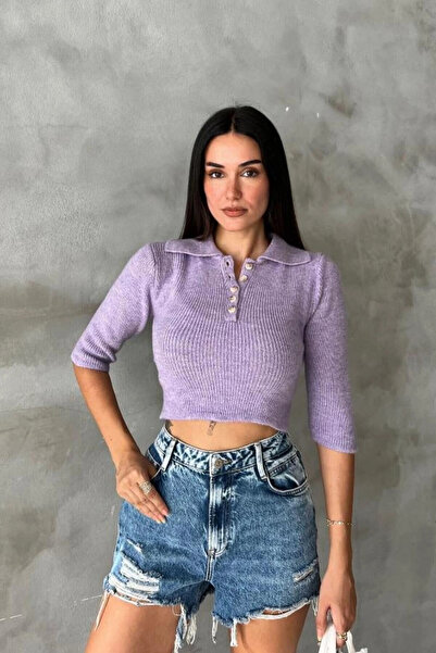 STİLVİA Women's Lilac Cotton Elastane Knitwear Shirt Collar Crop Sweater