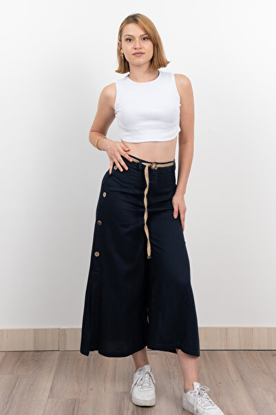 MissVina Yan Yarım Yırtmaçlı Süs Düğmeli Hasır Kemerli Keten Midi Boy Pantolon 30274