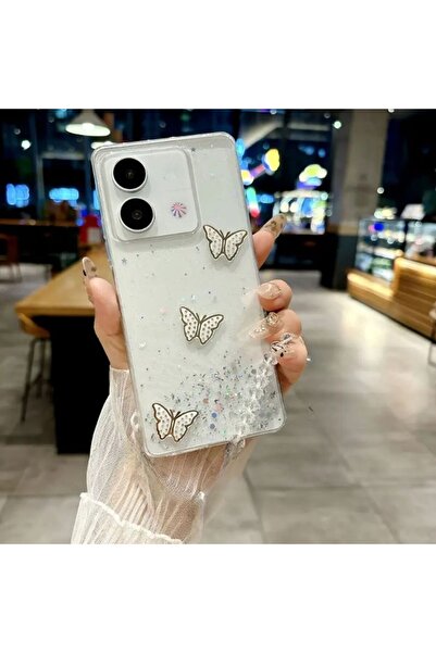 Rivor Vivo Y36 Uyumlu Kılıf Kamera Çıkıntılı Simli Kelebek Kabartmalı Desenli...