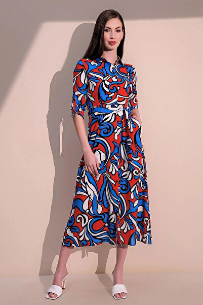 STİLVİA Fusta roșie cu model pentru femei, cu curea și buzunare, rochie maxi ...