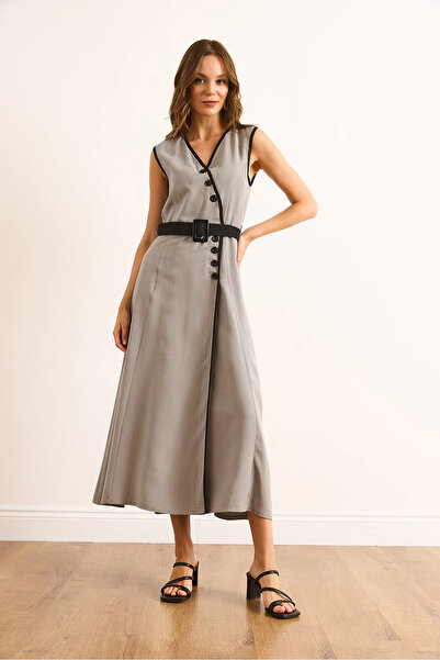 Olalook Women's Gray Belted Piping Detailed Flowy Maxi Dress Elb-19002528