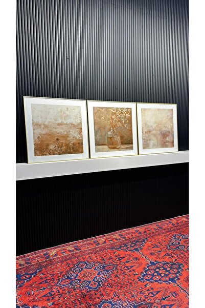 Tablomtr Natural Esinti - Dijital Baskılı Gold Metal Çerçeveli Gerçek Camlı 3'lü Dekoratif Tablo