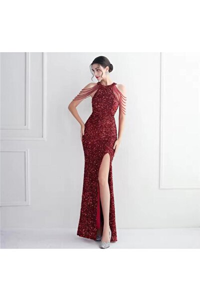 Genel Markalar HALTER YAKA KOL BONCUKLU YIRTMAÇLI PUL PAYET ABİYE ELBİSE