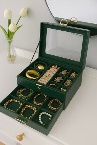 Evistro Dışı Deri İçi Kadife Kilitli Çekmeceli Takı Bijuteri Mücevher Kutusu ...