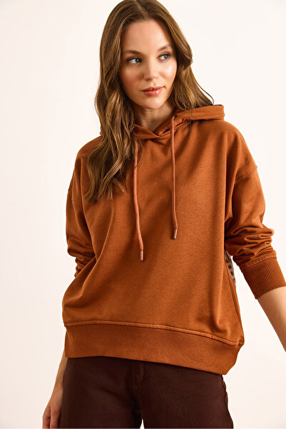 Olalook Kadın Kiremit Sırtı Baskılı Kapüşonlu Oversize 2 İp Sweatshirt SWT-19000721
