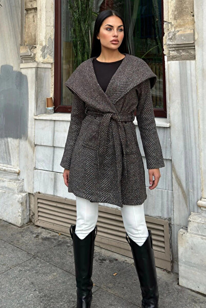 STİLVİA Coffee Herringbone Pattern, Double Breasted Collar, Hooded, Belted Lo...