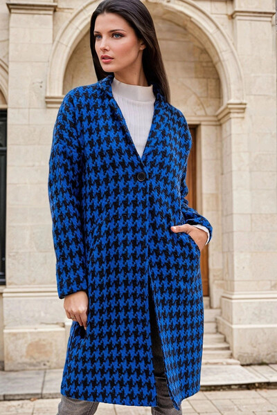 STİLVİA Blue Houndstooth Patterned Long Coat with Pocket Detail