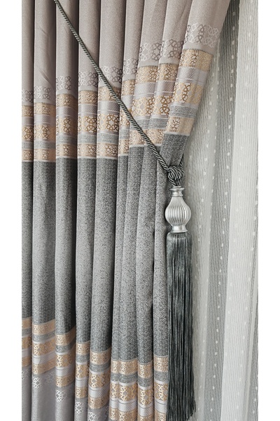 Yuka Panel Background Curtain Stone - Geometric Striped Single Wing Tight Pleated Jacquard Shiny Patterned