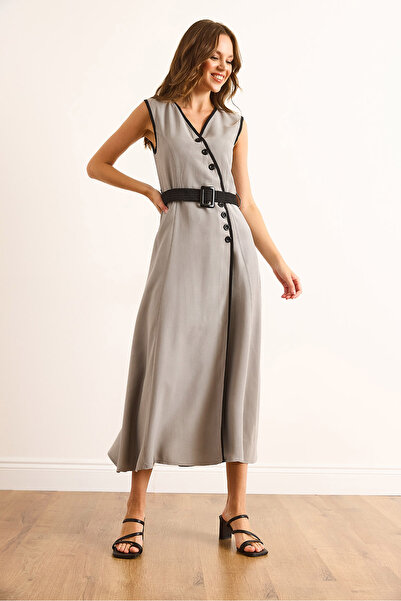 Olalook Women's Gray Belted Piping Detailed Flowy Maxi Dress Elb-19002528