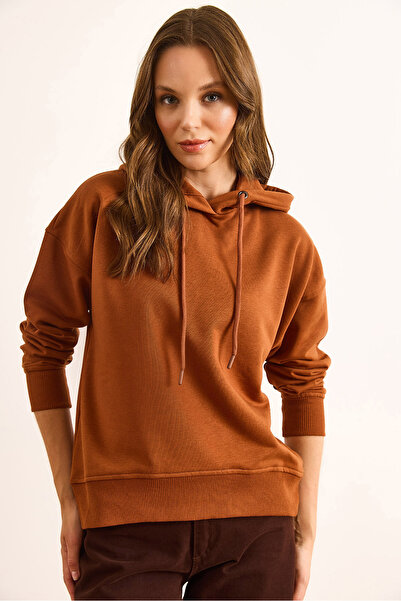 Olalook Kadın Kiremit Sırtı Baskılı Kapüşonlu Oversize 2 İp Sweatshirt SWT-19000721
