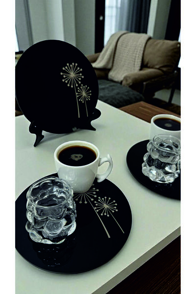 ASUDE HEDİYELİK 6 Pieces Plexiglass Round Tea, Coffee, Serving Tray Presentation Tray 15 cm Dandelion
