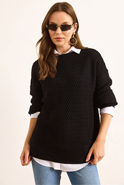 Olalook Women's Black Zigzag Knit Oversize Sweater Kzk-19000970