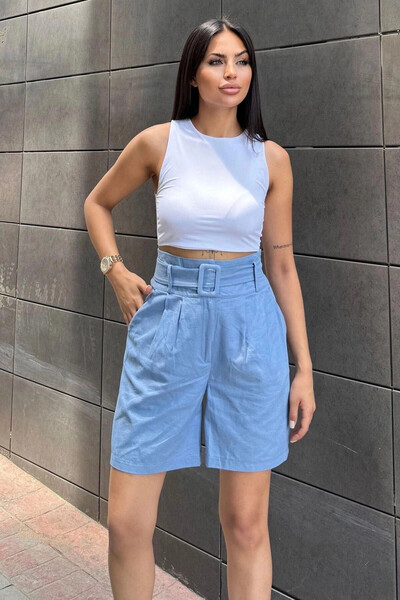 STİLVİA Γυναικείο μπλε σορτς με ψηλή μέση, εισαγόμενο ύφασμα, μακρύ άνετο σορ...