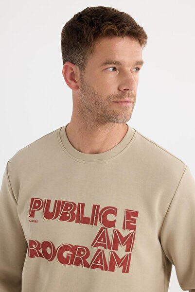 Tudors Unisex Oversize Φαρδιά κοπή Βαμβακερή μαλακή υφή με εμπριμέ μπεζ φούτερ με φλις εσωτερικά