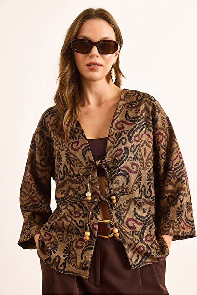 Olalook Women's Camel Lacing Detail Ethnic Patterned Wool Effect Jacket Ckt-19000458