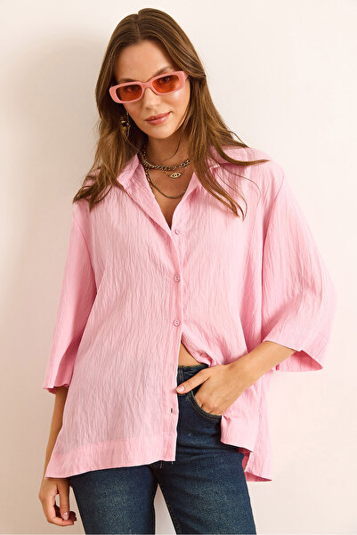 Olalook Women's Candy Pink Three Quarter Sleeve Back Pleated Textured Shirt Gml-19001386