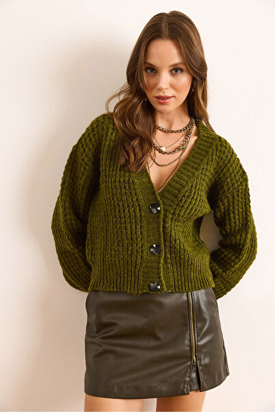 Olalook Women's Oil Green 3 Button Soft Textured Knitwear Cardigan Hrk-19000366