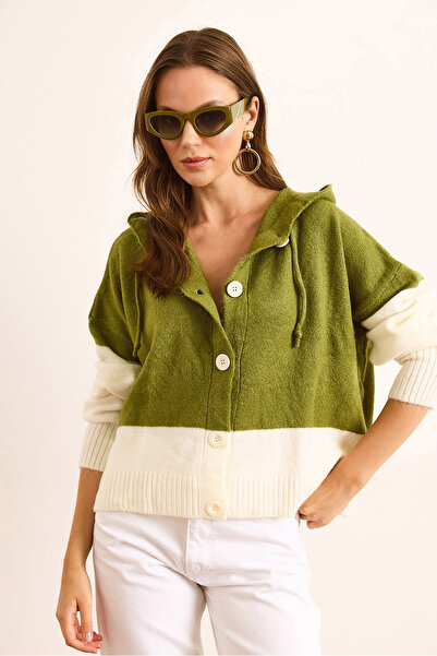 Olalook Women's Pistachio Green Hooded Button Color Block Knitwear Cardigan Hrk-19000365