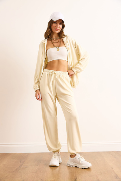 Olalook Women's Ecru Zippered Modal Bottom Top Set Tkm-19000425