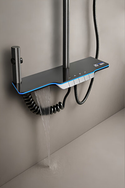 OXYAQUA Dijital Led Göstergeli Piyano Tuşlu Termostatik Banyo Batarya Duş Sistemi Tepe Robot Duş Seti