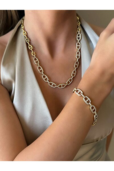 ANGELSS JEWELLERY مجموعة أساور قلادة من حجر الزركون موديل زر ذهبي من Xuping J...