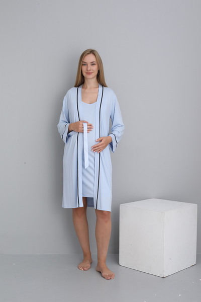 Miss Dünya Lissa Stripe Detailed Midi Length Strap Maternity and Postpartum Dressing Gown Nightgown Set