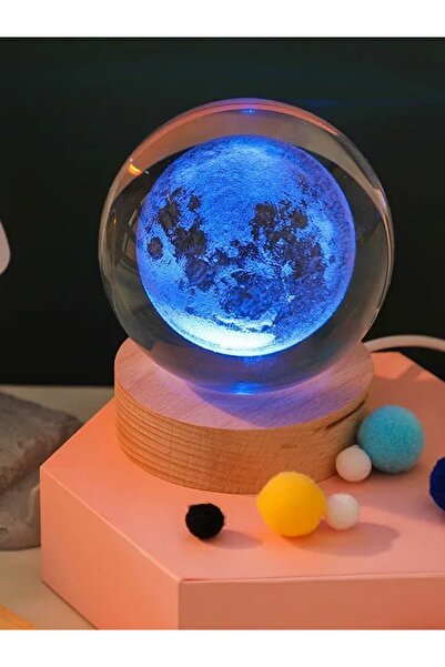 HediyeFilesi 3D Ay Küre Kristal Led Gece Lambası – USB'li Ahşap Standlı LED M...