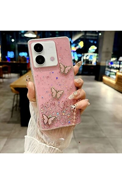 Rivor Vivo Y36 Uyumlu Kılıf Kamera Çıkıntılı Simli Kelebek Kabartmalı Desenli...