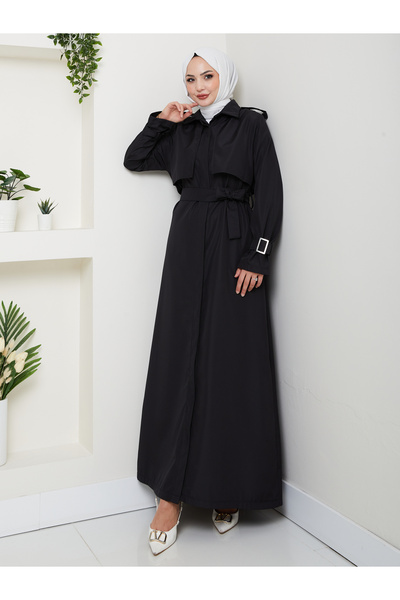 EFSUN MODA UZUN TRENCH 140 CM BOYUNDA TRENÇKOT SİYAH