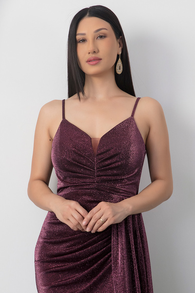 PULLIMM Strappy Pleated Slit Glittery Tulle Long Evening Dress 39711