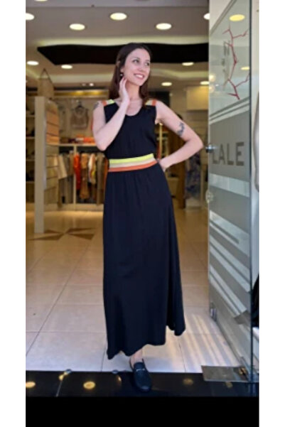 Unique Long Combed Cotton Dress with Colorful Stripes Detail on the Shoulder and Waist