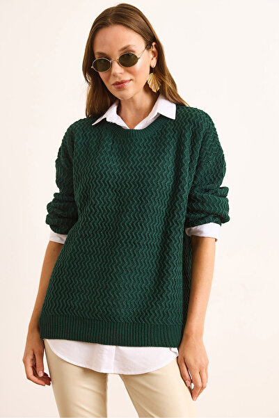 Olalook Women's Emerald Green Zigzag Knit Oversized Sweater KZK-19000970