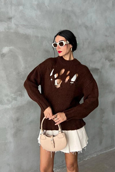 STİLVİA Women's Brown Oversize Knitwear Half Turtleneck Sweater