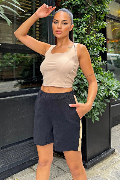 STİLVİA Women's Black Airobin Fabric, Elastic Waist, Straw Detail, Relaxed Fit Shorts