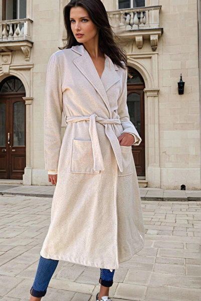 STİLVİA Ecru, Shawl Collar, Pockets, Belt Detail, Unlined, Long Coat