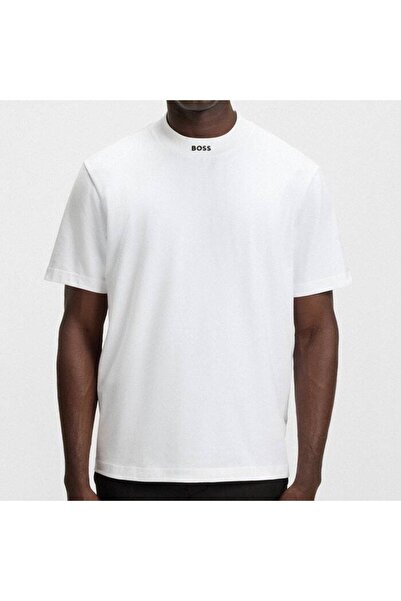 BOSS Erkek Rahat Kalıp Esnek Pamuklu Yakası Logo Desenli Kısa Kollu Beyaz T-Shirt 50551139-100