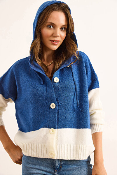 Olalook Women's Blue Hooded Button Color Block Knitwear Cardigan Hrk-19000365