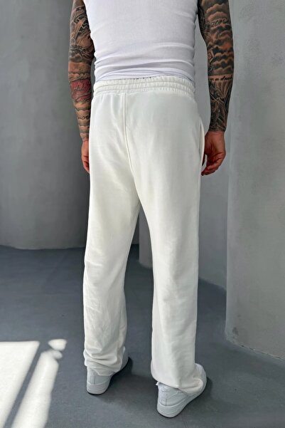 MADZEYMODA Men's Baggy Loose Fit Dirty Leg Detail Elastic Waist 100% Cotton Ecru Tracksuit Bottom Ke-7015