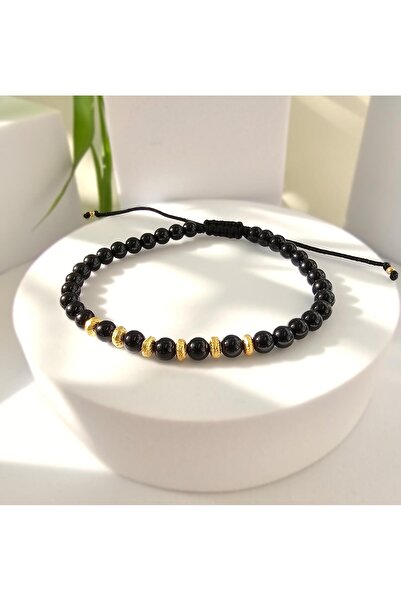 Abundo Bratara reglabila "Onix Gold Disc" cu onix si argint 925 placat cu aur de 14k