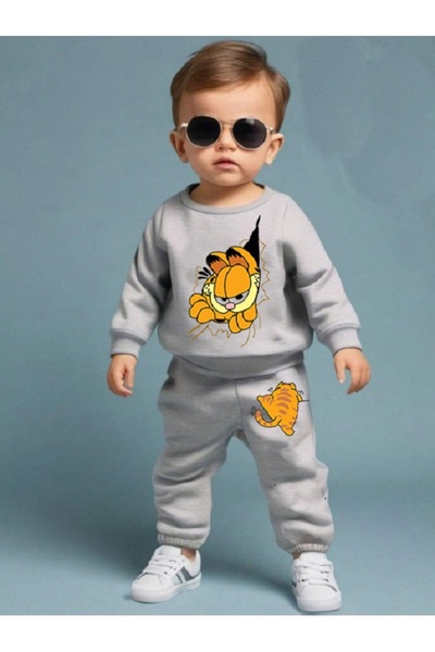 bebekpare Boy's Bottom Top Set Orange Cat Gray (Non-Shardon Fabric) 100% Cotton