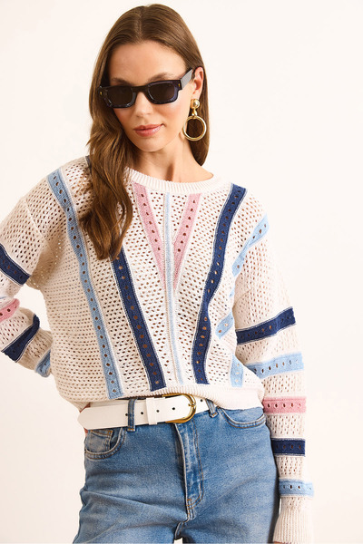 Olalook Kadın Ekru Verev Örgülü Mevsimlik Triko Bluz BLZ-19003083