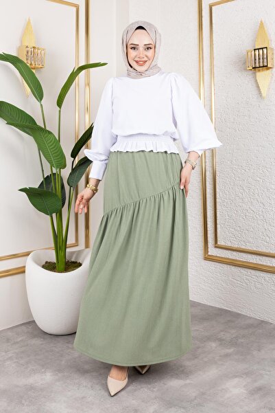 Moda Ebva Beli Lastikli Büzgülü Etek-5026 Su yeşili
