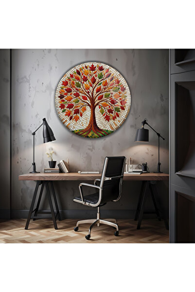 BestSanat Mozaik Hayat Ağacı Yuvarlak Cam Tablo