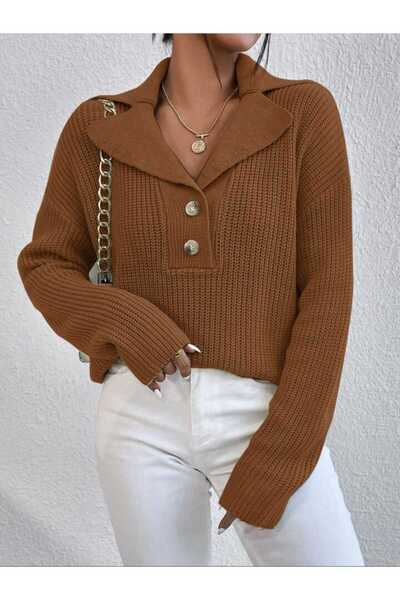 Gülçin Coşkun Buttoned Jacket Collar Comfortable Fit Women's Knitwear Sweater