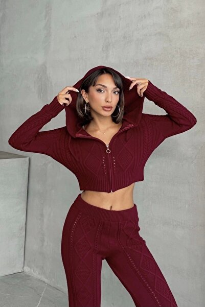 Lusin Women's Hooded Zippered Crop Cardigan Pants Bottom Top Knitwear Set - Claret Red S/M