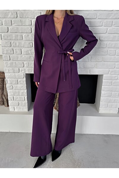 Ekim Store Kadın Yandan Bağlamalı İkili Kuşaklı Blazer Ceket Pantolon Takım