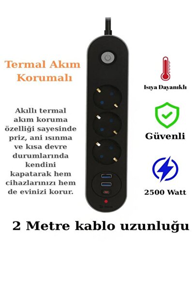 Genel Markalar Termal Akım Korumalı 2500 Watt 3lü Priz 1usbc 2usb 2mt Kablo A...